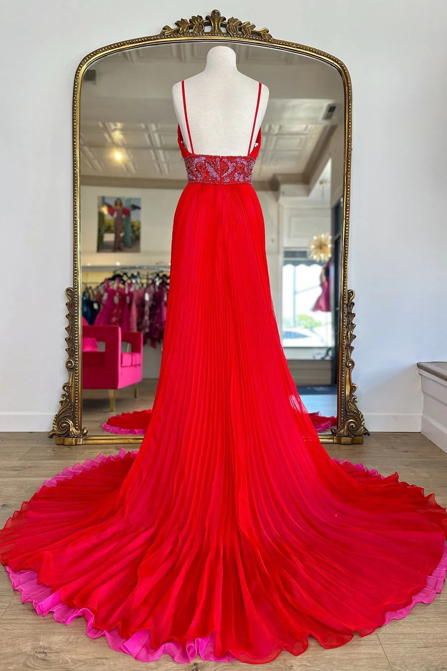 Red A-Line V-Neck Court Train Full Of Charm Prom Dress