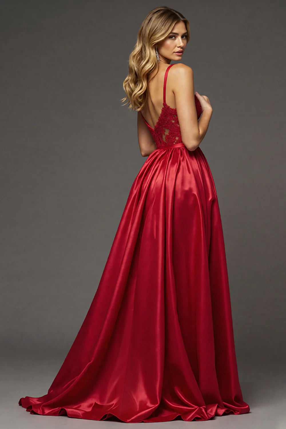 Red A Line Satin Long V-Neck Prom Dress with Slit