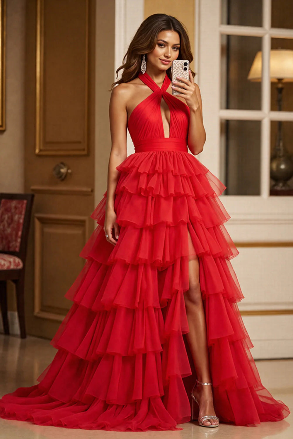 Red A Line Tulle Keyhole Halter Long Tiered Prom Dress with Slit