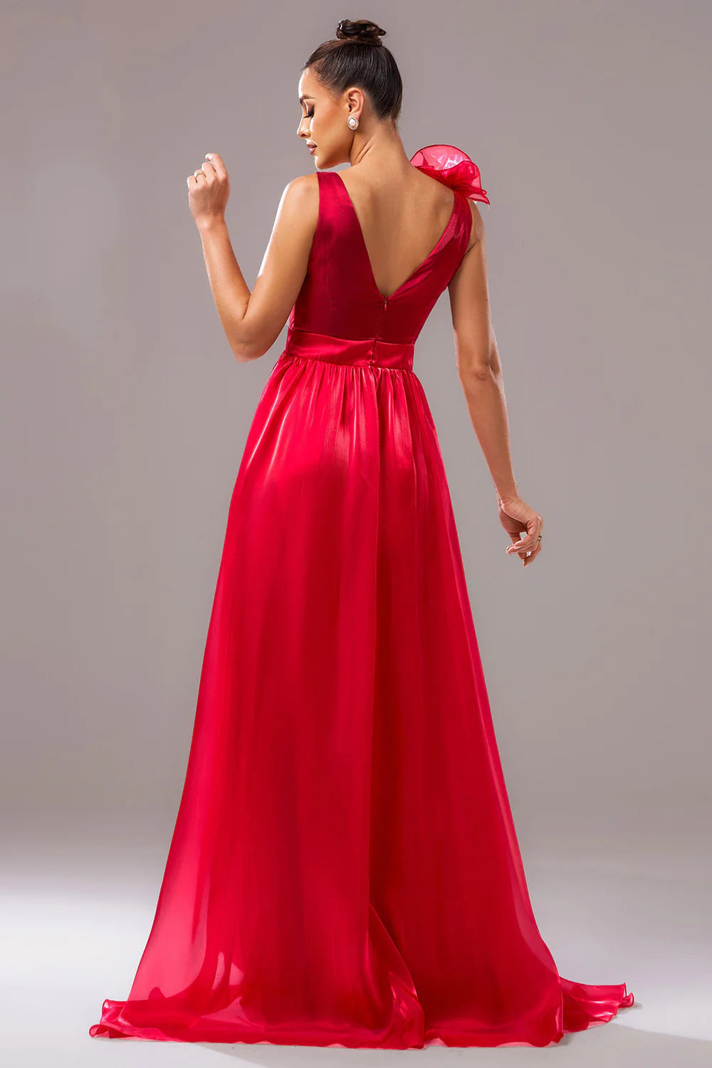 Red A Line V-Neck Organza Long Prom Dress with Slit
