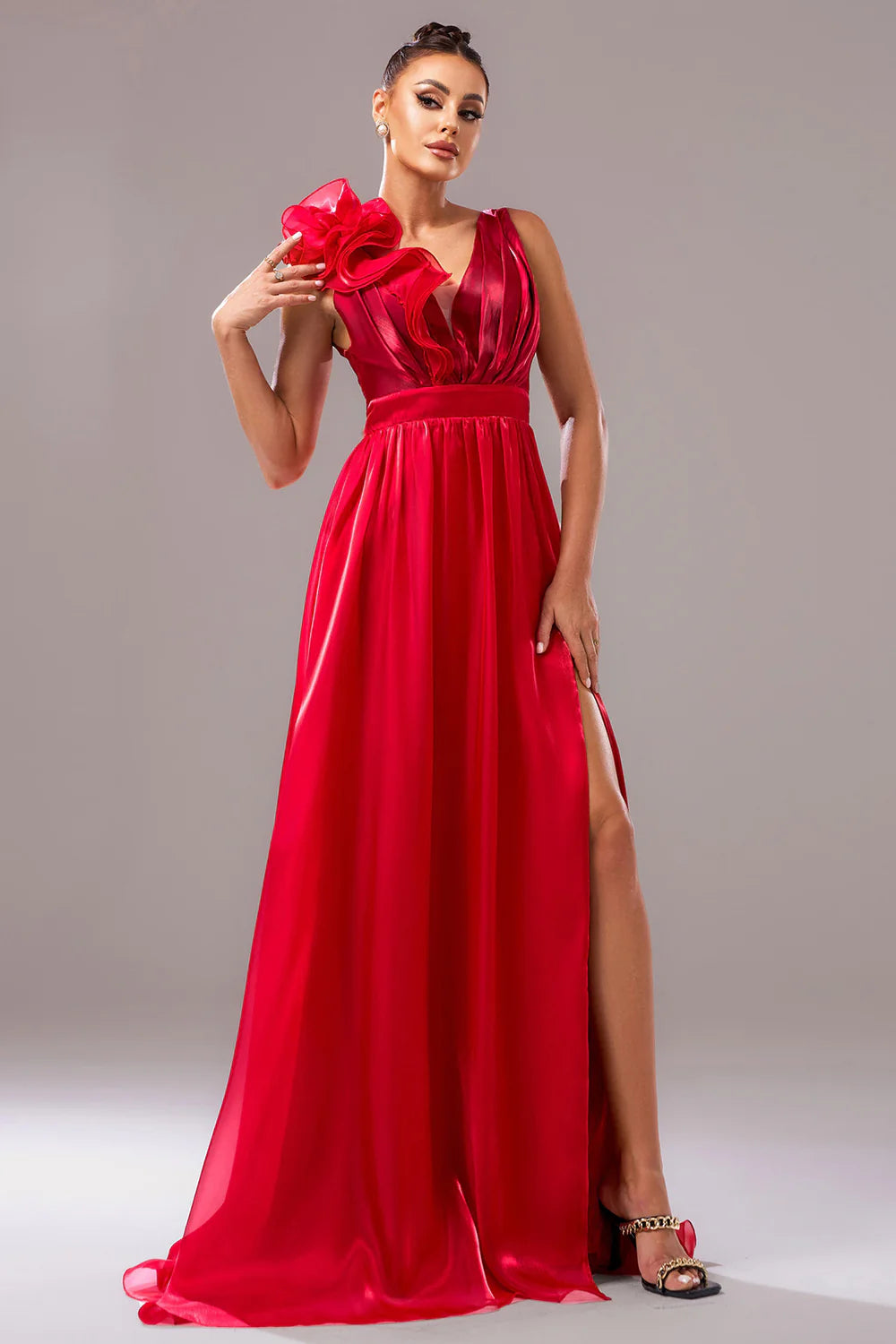 Red A Line V-Neck Organza Long Prom Dress with Slit