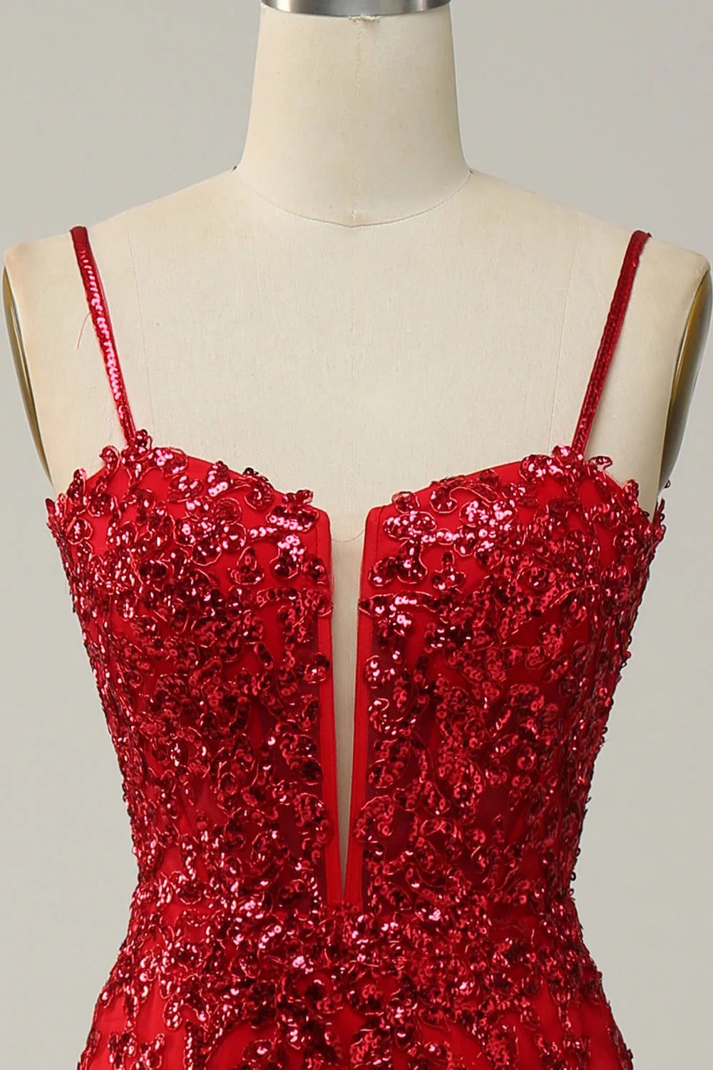 Red Mermaid Spaghetti Straps Sequins Long Prom Dress with Split Front