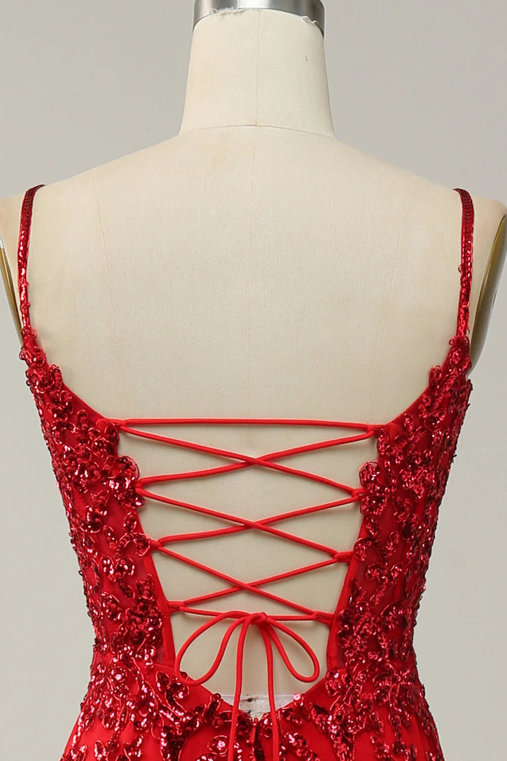 Red Mermaid Spaghetti Straps Sequins Long Prom Dress with Split Front