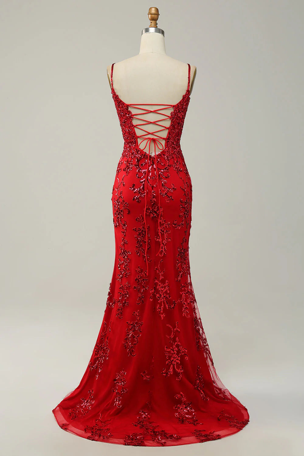 Red Mermaid Spaghetti Straps Sequins Long Prom Dress with Split Front