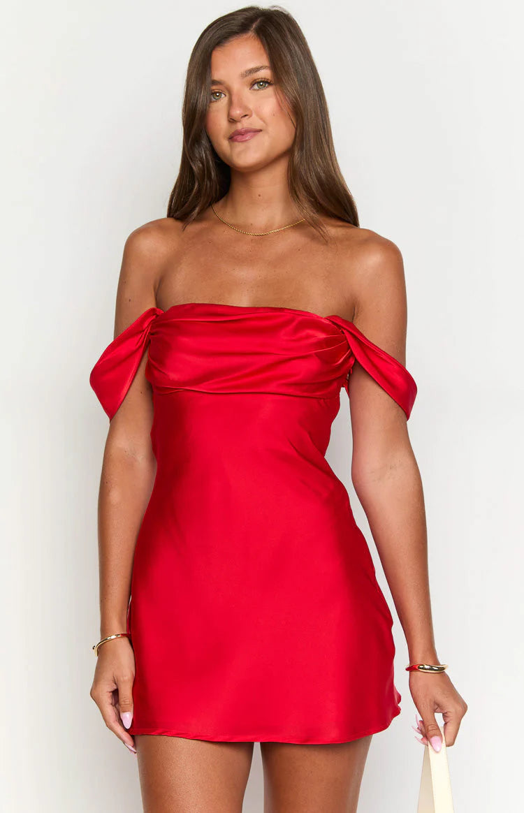 Red Off The Shoulder Off shoulder detailing  Mini Dress