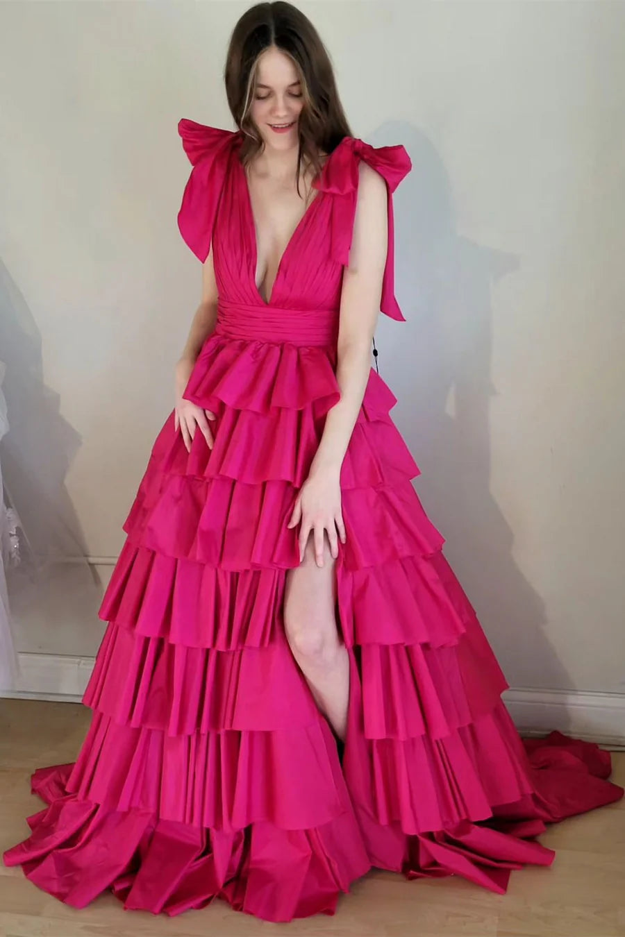 Red Plunge V Ruffle Tiered Ball Gown with Slit