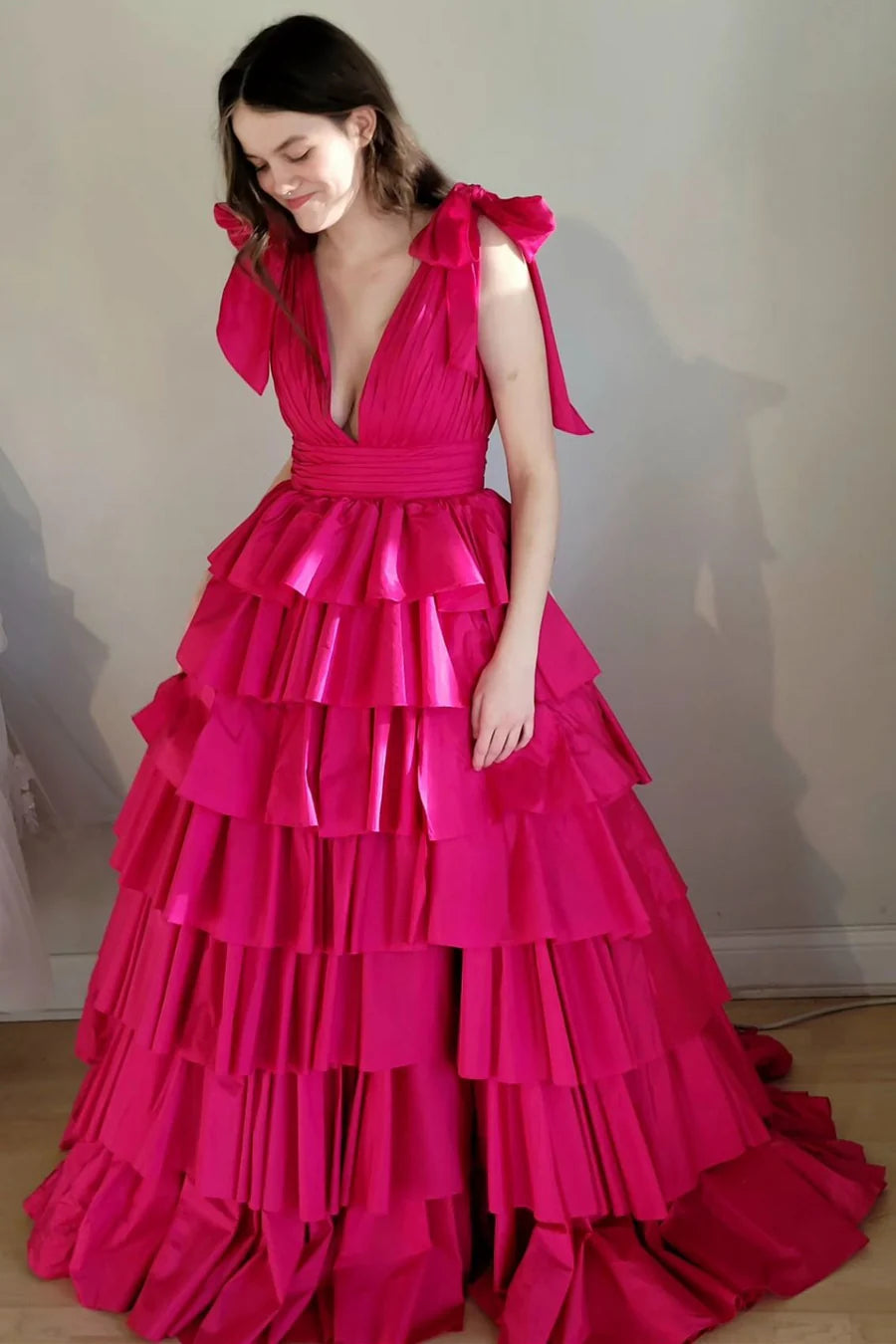 Red Plunge V Ruffle Tiered Ball Gown with Slit
