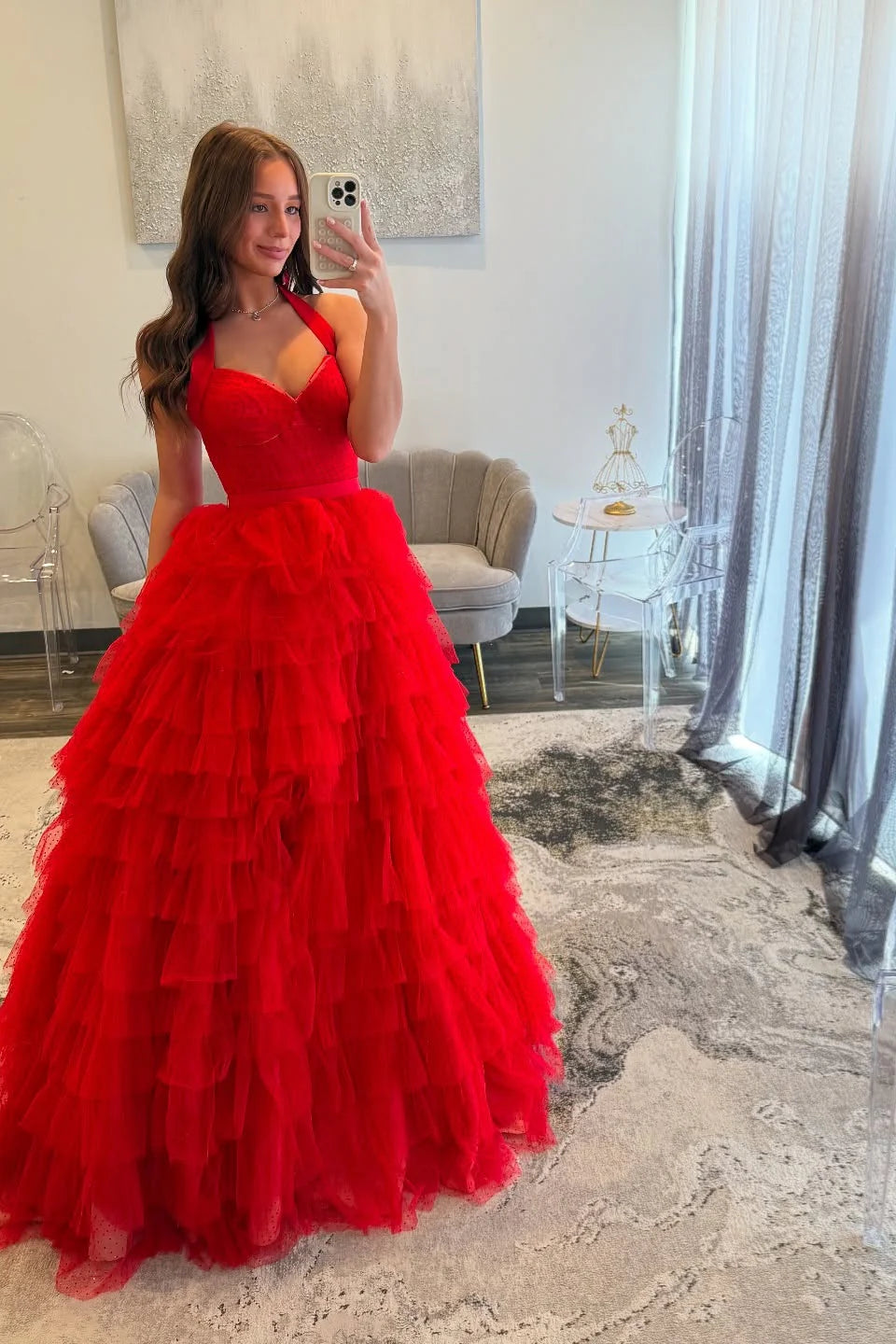 Red Polka Dots Tiered Long Unique Design Full Of Charm Prom Dresses