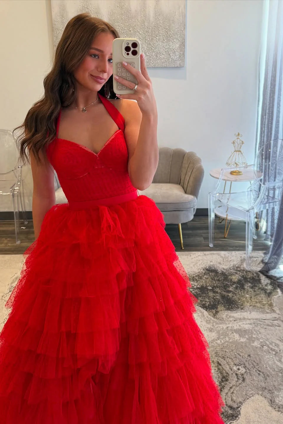 Red Polka Dots Tiered Long Unique Design Full Of Charm Prom Dresses