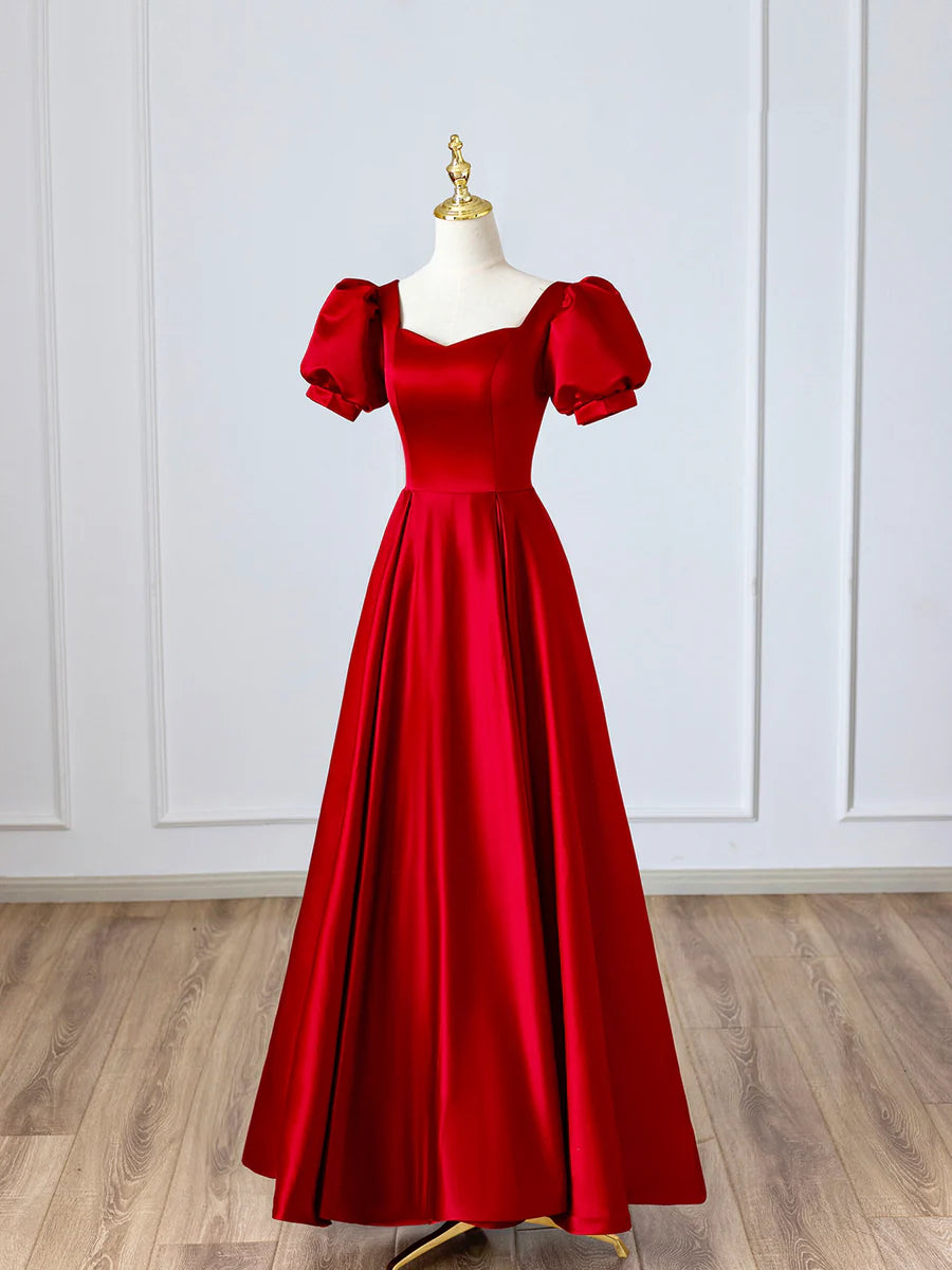 Red Satin Long Prom Dress, Simple A-Line Short Sleeve Evening Party Dress