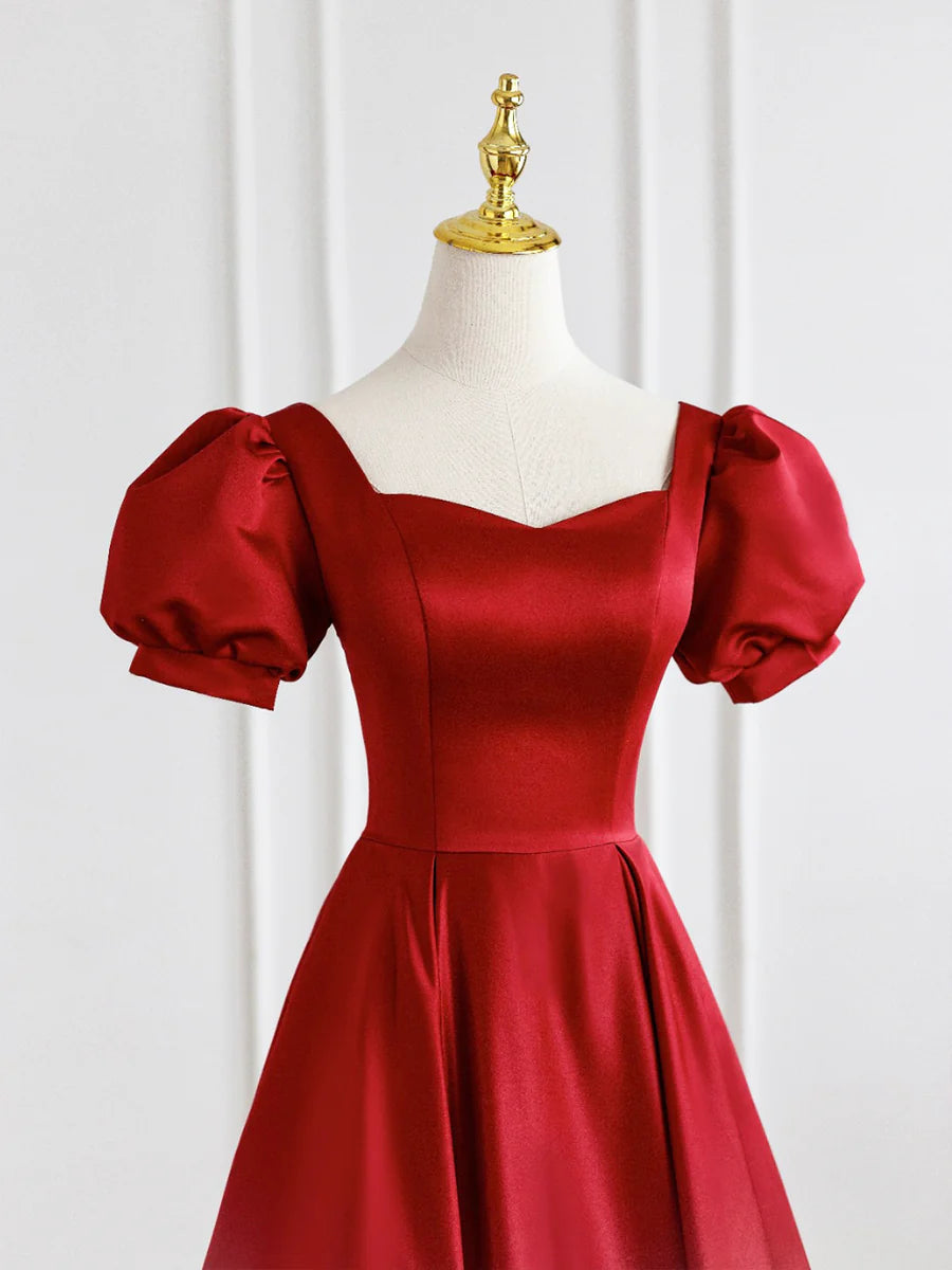 Red Satin Long Prom Dress, Simple A-Line Short Sleeve Evening Party Dress