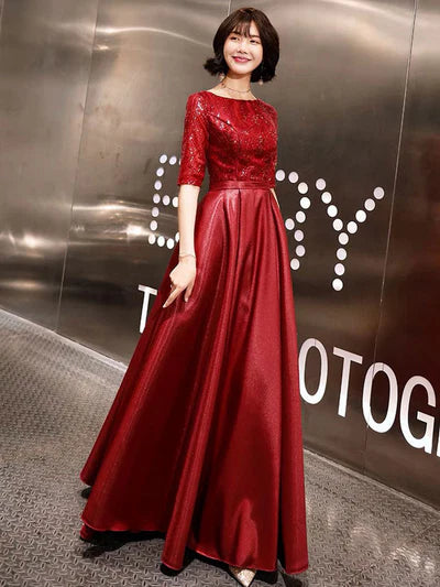 Red Sequin Lace Half-Sleeve A-Line Satin Floor-Length Evening Dress