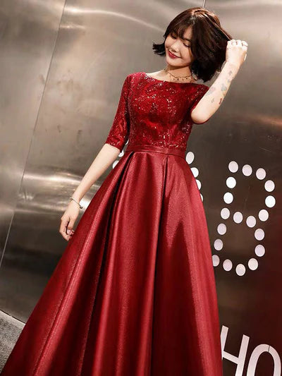 Red Sequin Lace Half-Sleeve A-Line Satin Floor-Length Evening Dress