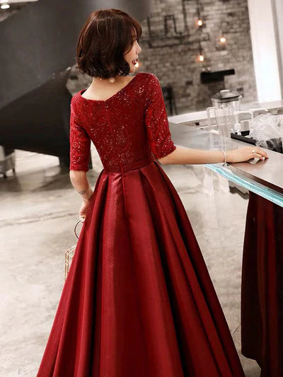 Red Sequin Lace Half-Sleeve A-Line Satin Floor-Length Evening Dress