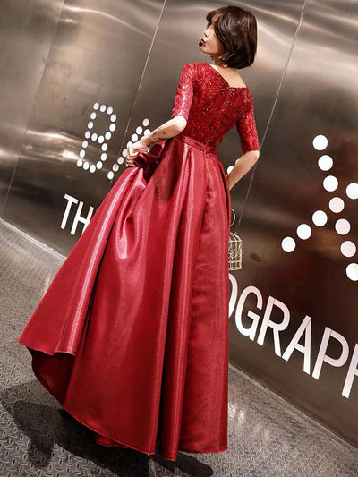 Red Sequin Lace Half-Sleeve A-Line Satin Floor-Length Evening Dress