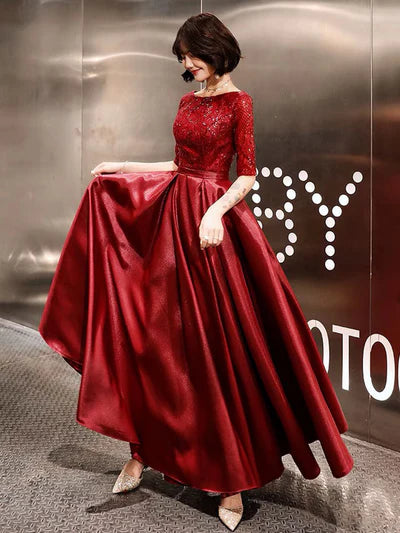 Red Sequin Lace Half-Sleeve A-Line Satin Floor-Length Evening Dress