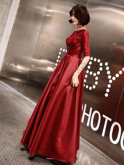 Red Sequin Lace Half-Sleeve A-Line Satin Floor-Length Evening Dress