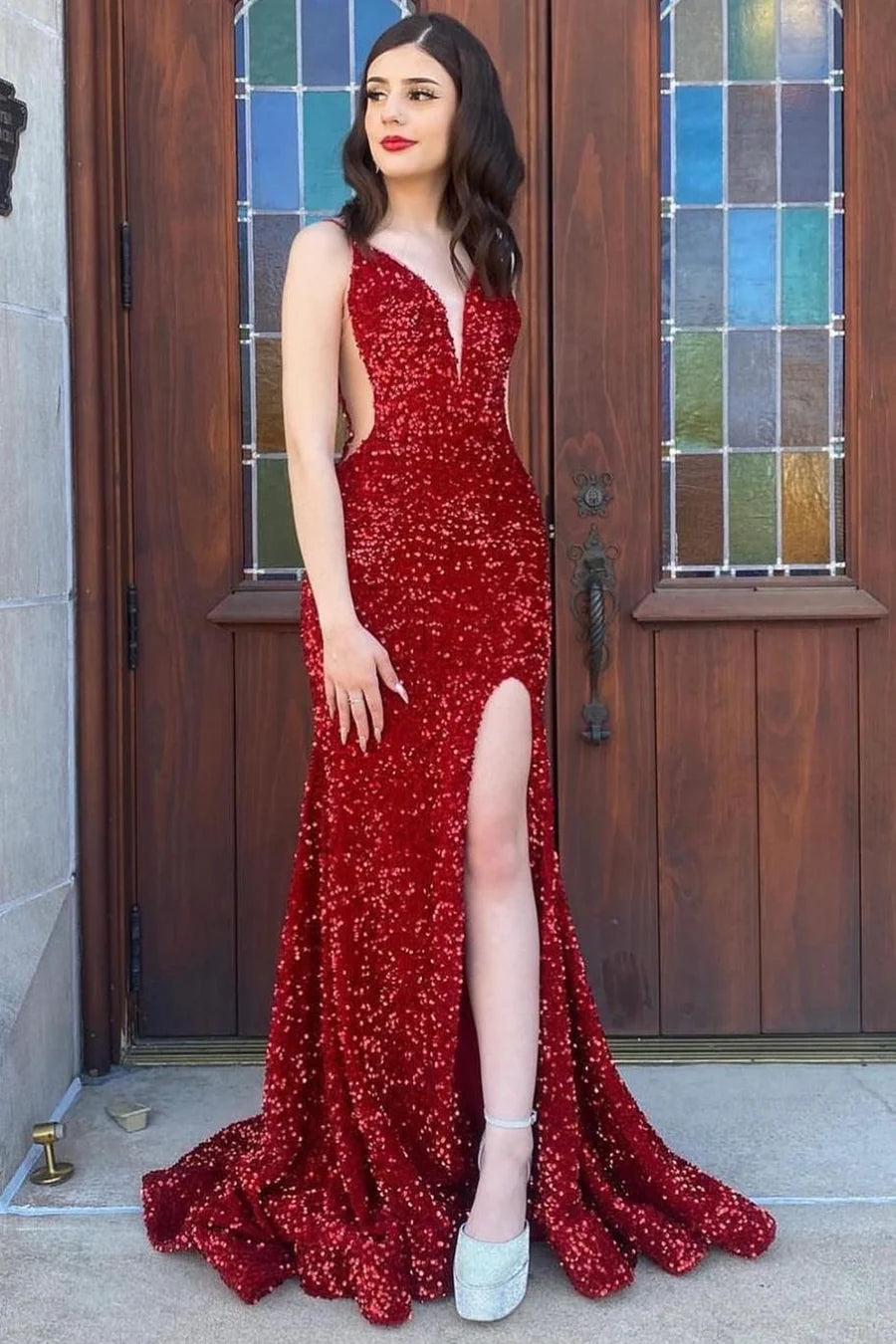 Red Sequin Sheer Mesh Mermaid Long Formal Dress with Slit