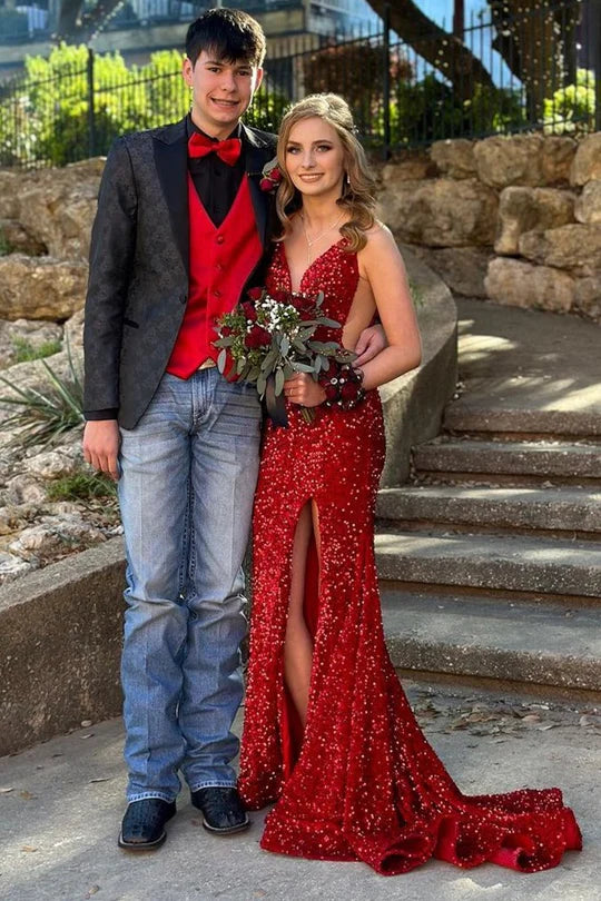 Red Sequin Sheer Mesh Mermaid Long Formal Dress with Slit