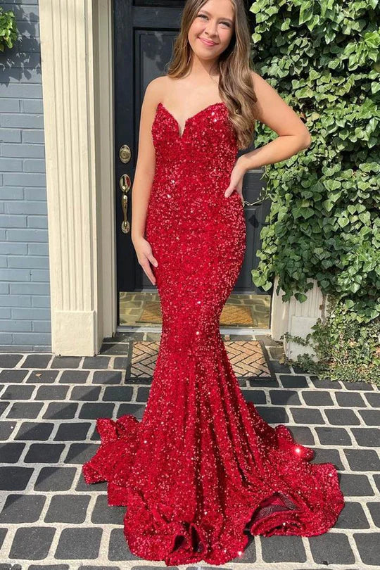 Red Sequins Trumpet Long Formal Dress with Sweetheart