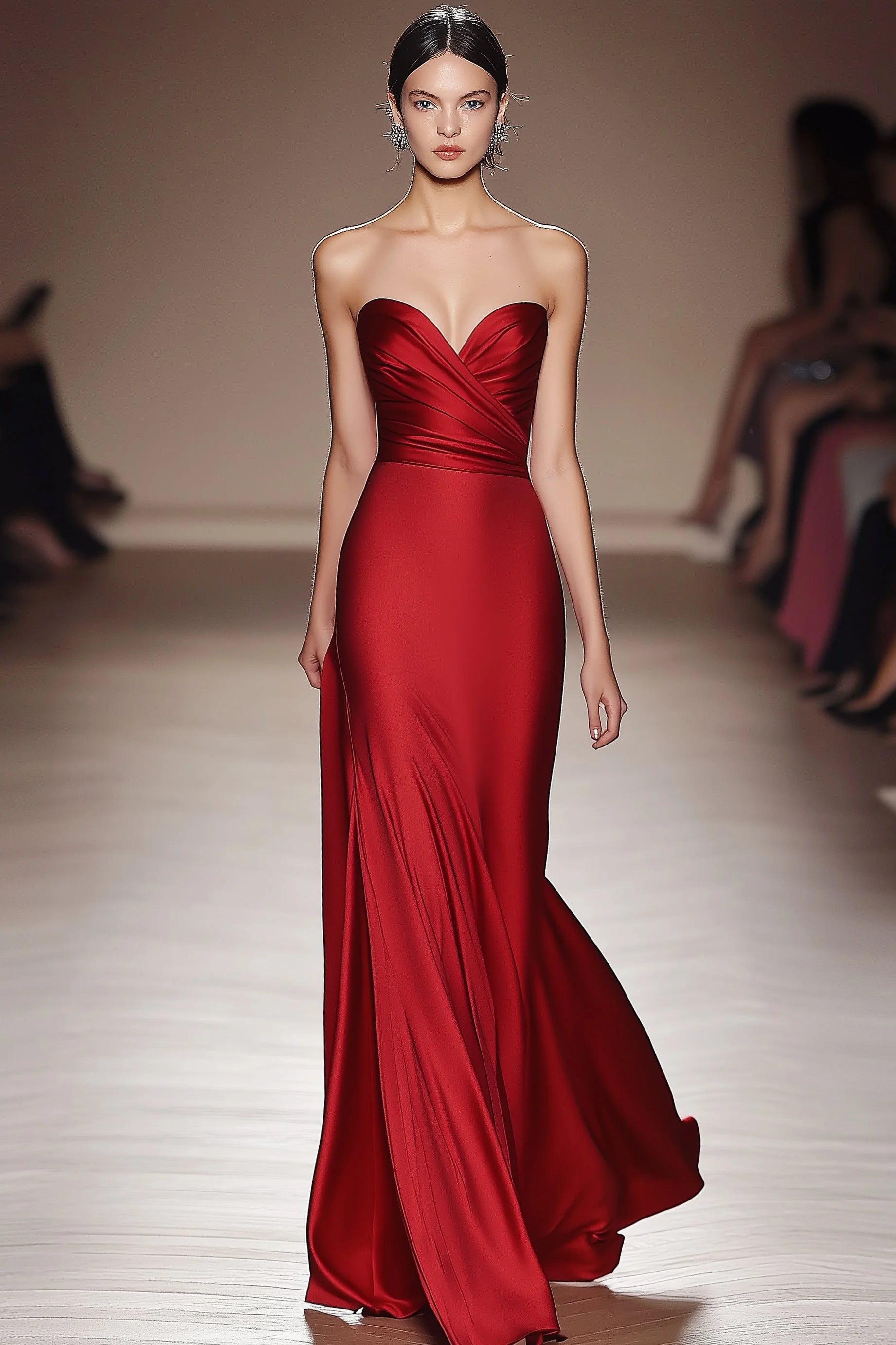 Red Sheath Strapless Pleated Satin Formal Dress With Slit