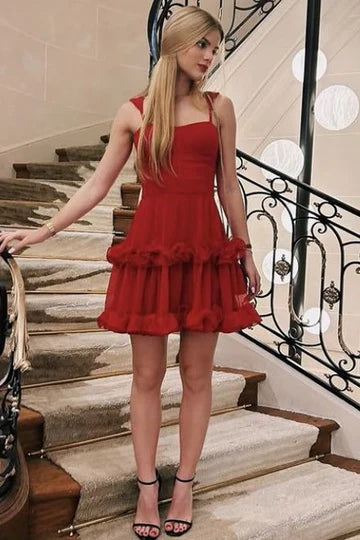 Red Spaghetti Straps Ruffles A-Line Sleeveless Cocktail Homecoming Dress