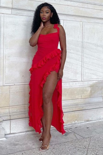 Red Square Sleeveless Ruffled Long Party Prom Dress