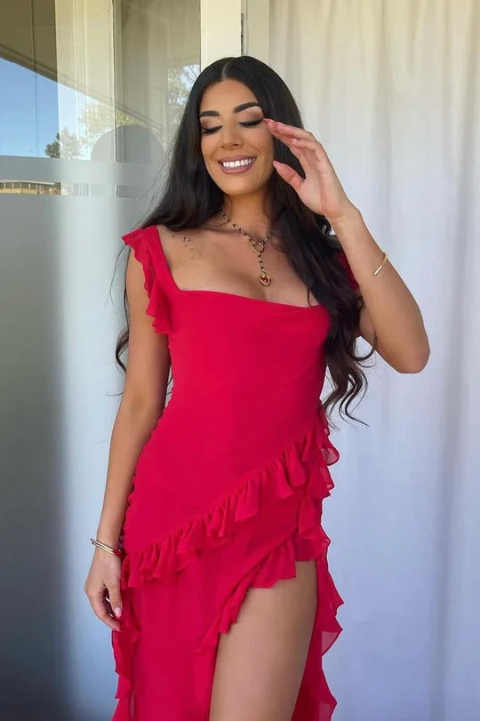 Red Square Sleeveless Ruffled Long Party Prom Dress