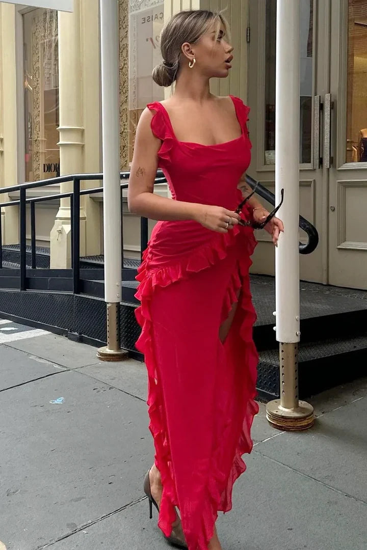 Red Square Sleeveless Ruffled Long Party Prom Dress