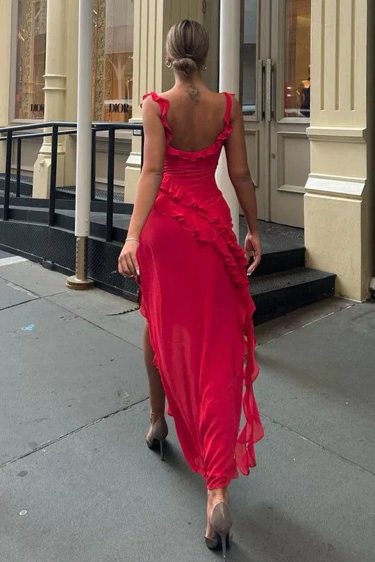 Red Square Sleeveless Ruffled Long Party Prom Dress