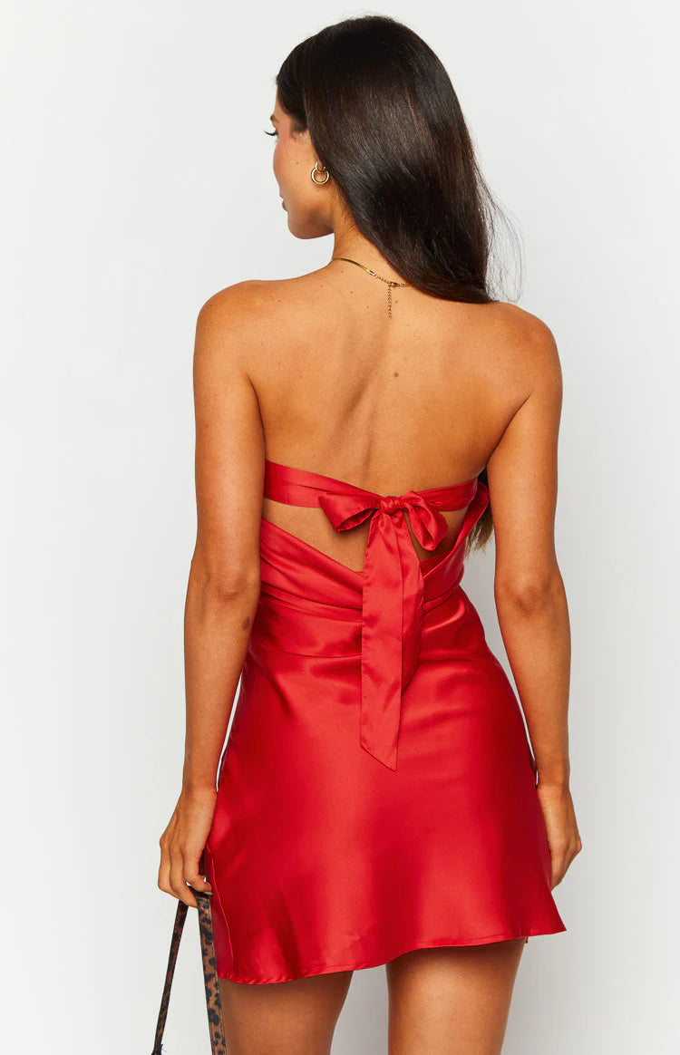 Red Strapless Adjustable ribbons to tie around back Mini Dress