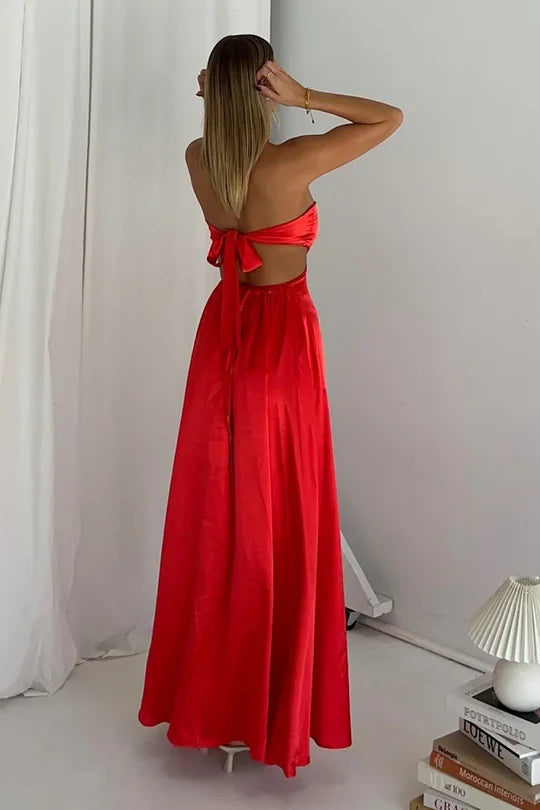 Red Strapless Empire Lace Up A-Line Party Prom Dress