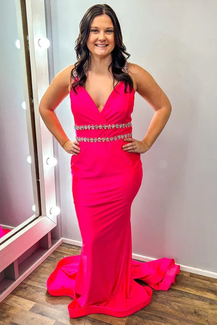 Red Surplice Open Back Beaded Mermaid Long Formal Dress