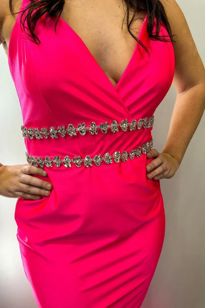 Red Surplice Open Back Beaded Mermaid Long Formal Dress