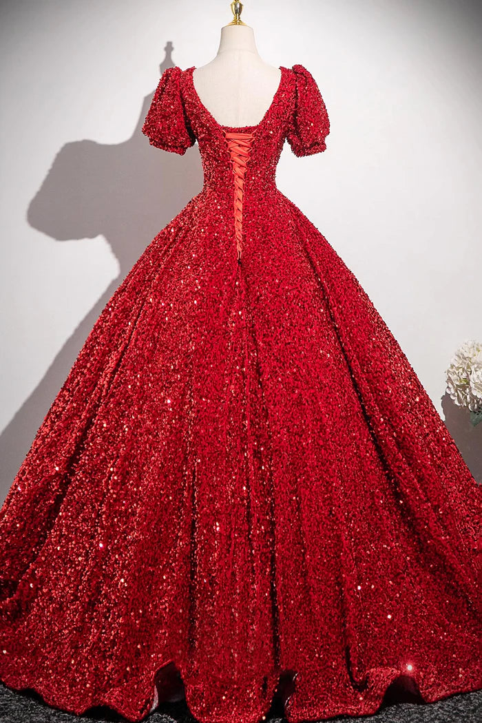 Red V-Neck Sequins Long Prom Dress, A-Line Short Sleeve Party Dress