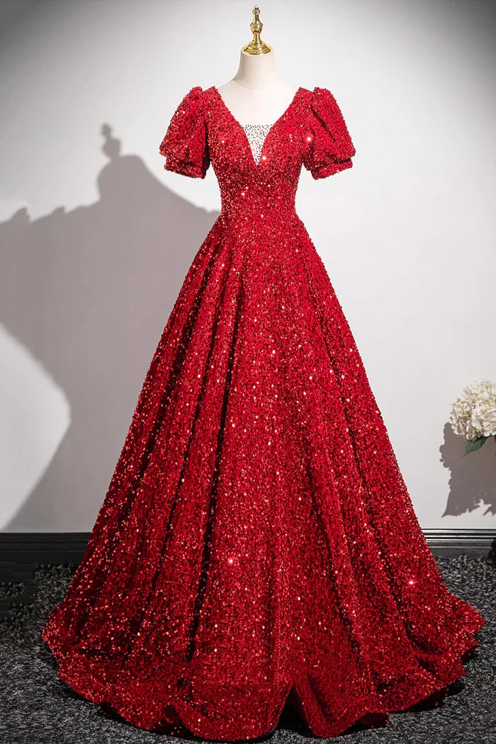 Red V-Neck Sequins Long Prom Dress, A-Line Short Sleeve Party Dress