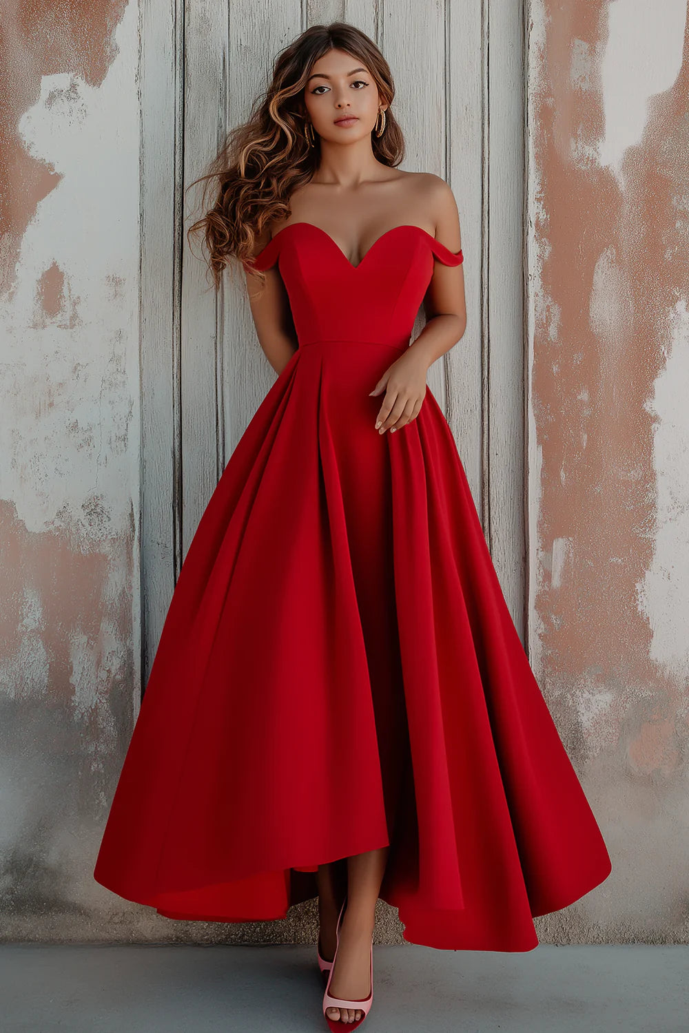 Red Off The Shoulder A Line Full Of Charm Formal Dress