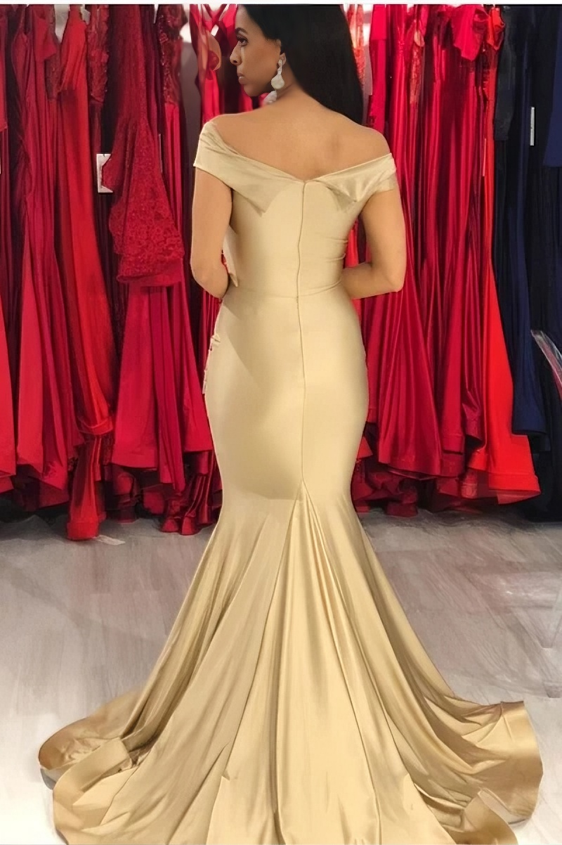 Champagne Off-Shoulder Ruched Cross-Bodice Mermaid Floor-Length Evening Dress