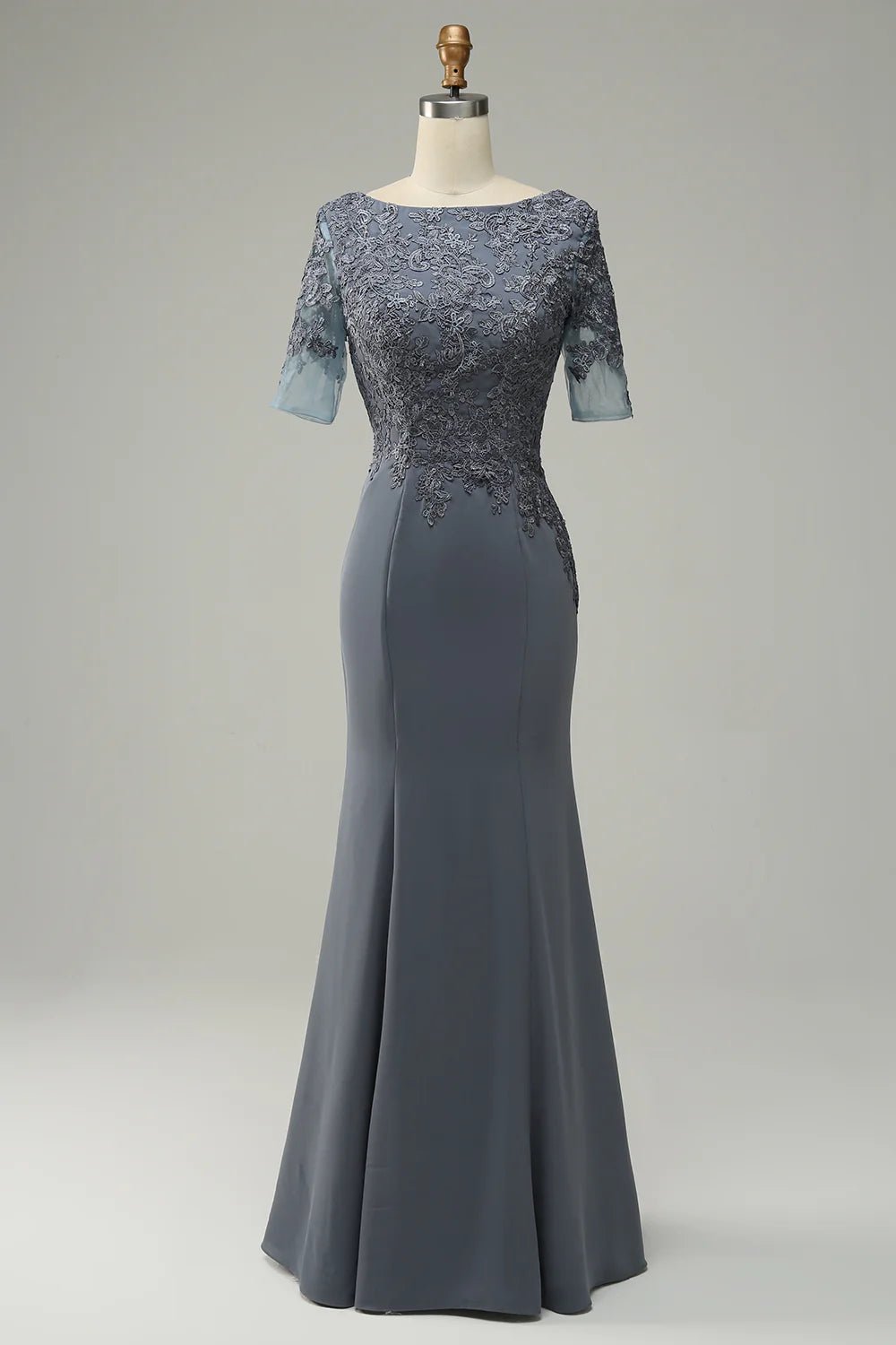 Refined Dusty Blue Lace Mermaid Boat Neck Half Sleeve Back Zip Maxi Mother of the Bride Dresses