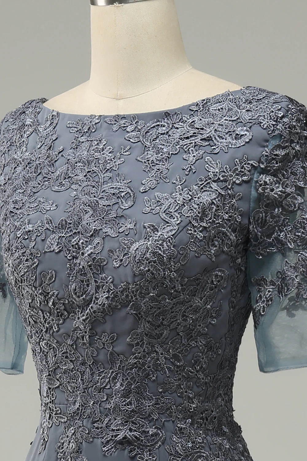 Refined Dusty Blue Lace Mermaid Boat Neck Half Sleeve Back Zip Maxi Mother of the Bride Dresses