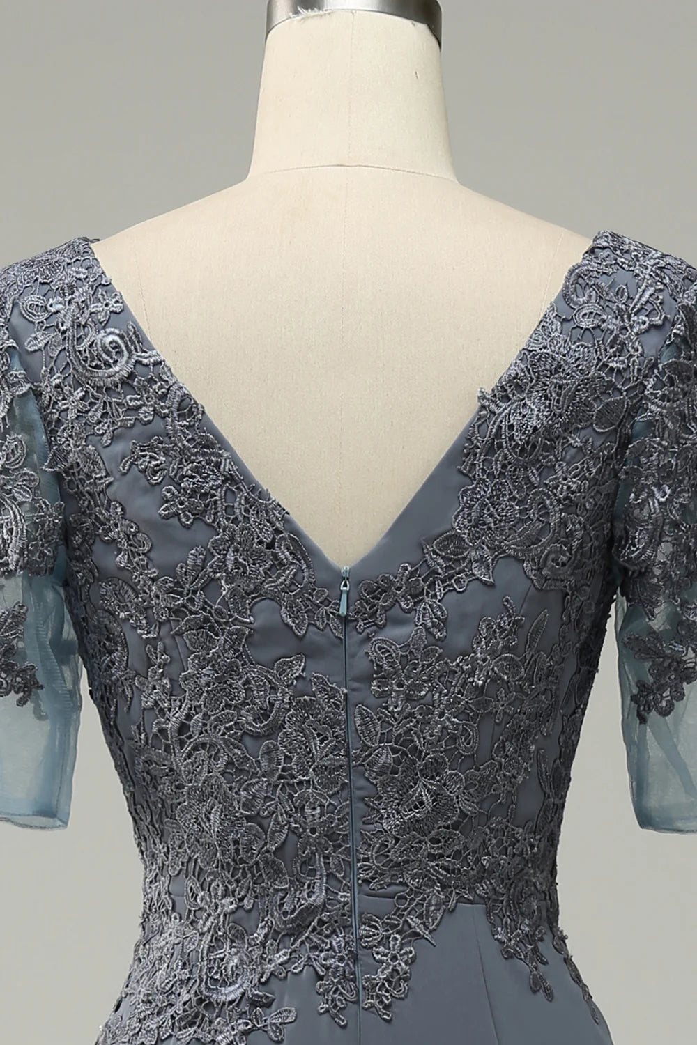 Refined Dusty Blue Lace Mermaid Boat Neck Half Sleeve Back Zip Maxi Mother of the Bride Dresses