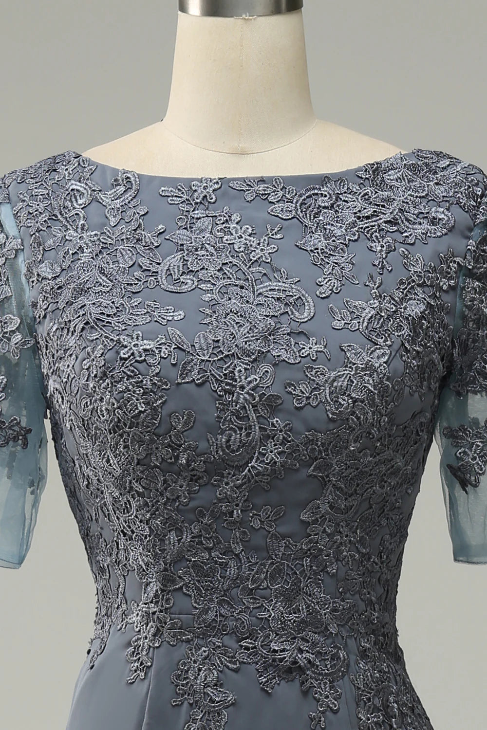 Refined Dusty Blue Lace Mermaid Boat Neck Half Sleeve Back Zip Maxi Mother of the Bride Dresses