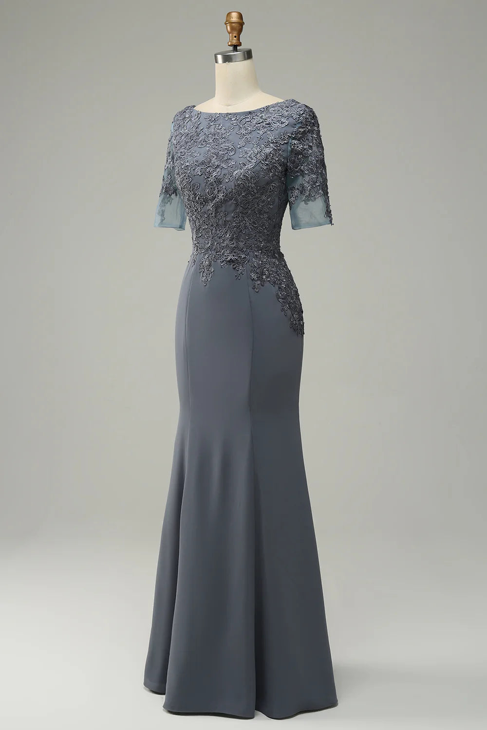 Refined Dusty Blue Lace Mermaid Boat Neck Half Sleeve Back Zip Maxi Mother of the Bride Dresses