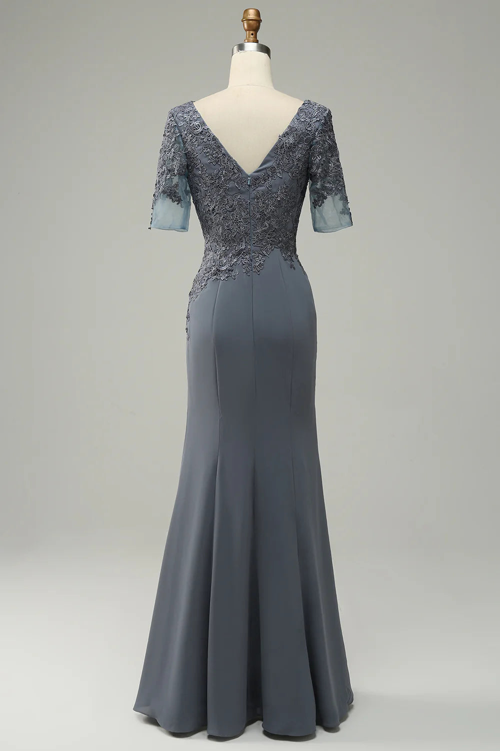 Refined Dusty Blue Lace Mermaid Boat Neck Half Sleeve Back Zip Maxi Mother of the Bride Dresses