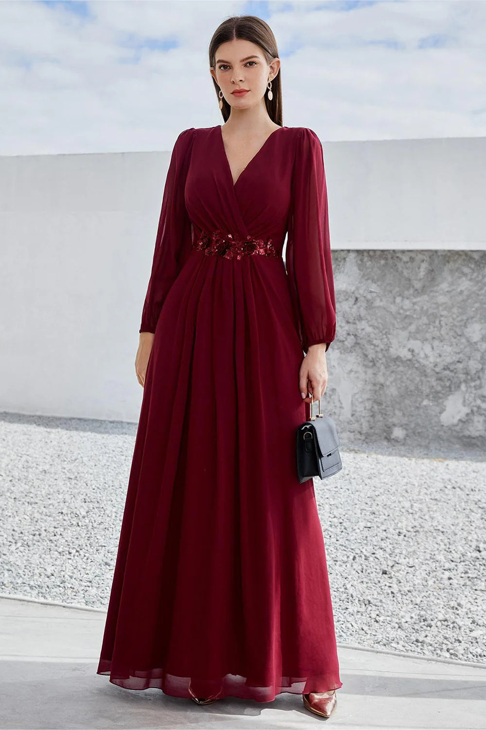 Refined Dusty Mauve Chiffon A-Line V-Neck Long Sleeve Beaded Waist Maxi Mother of the Bride Dresses