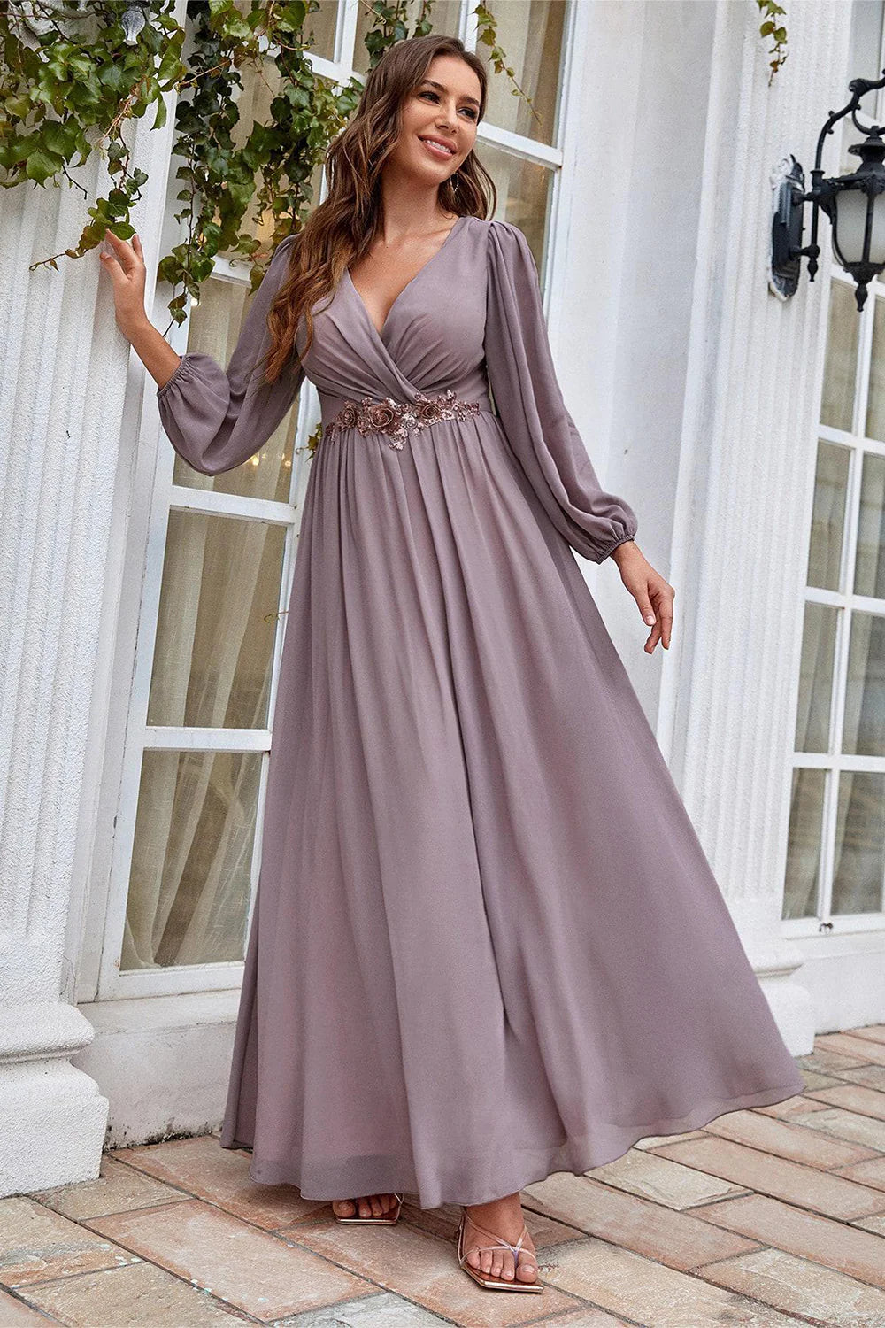 Refined Dusty Mauve Chiffon A-Line V-Neck Long Sleeve Beaded Waist Maxi Mother of the Bride Dresses