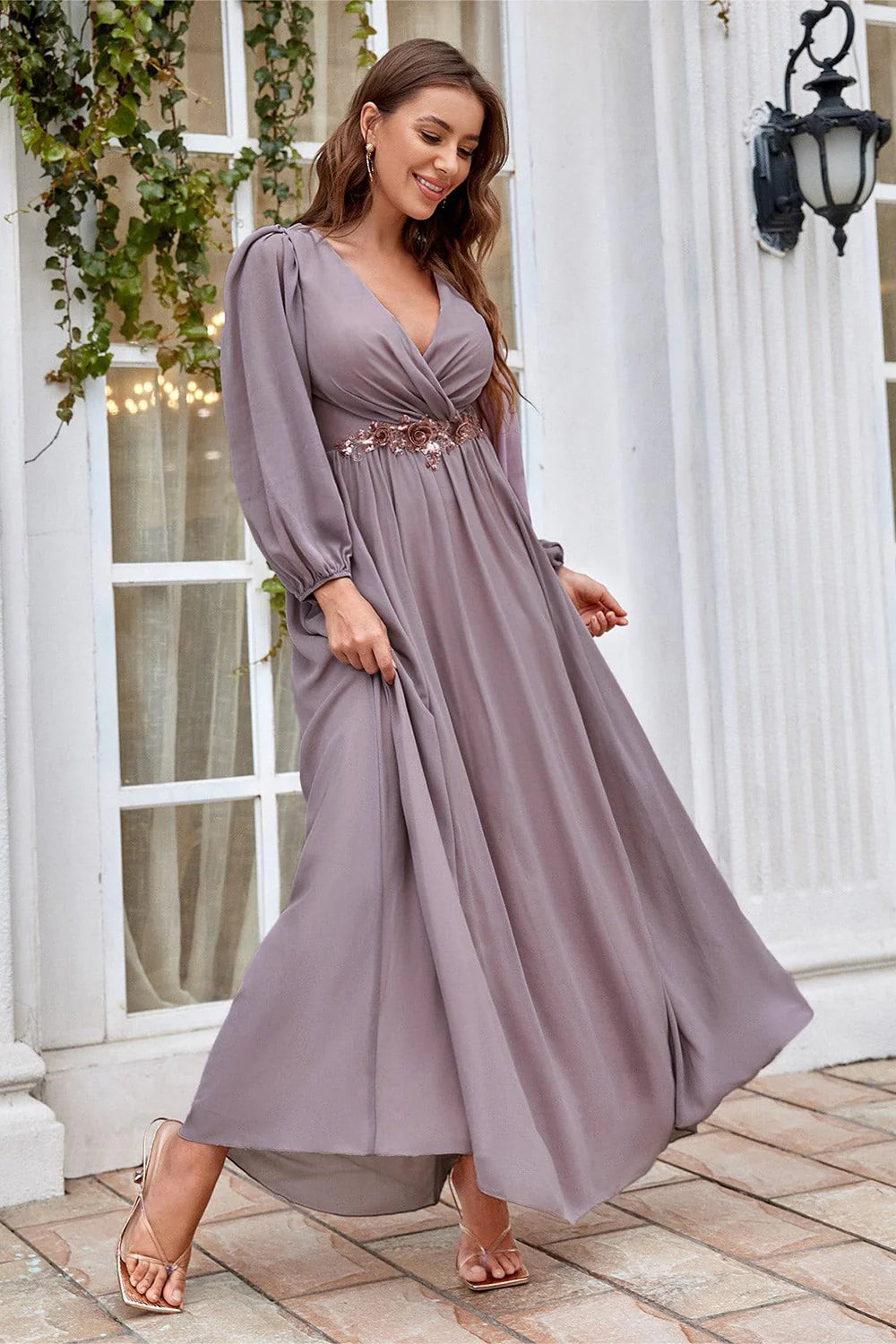 Refined Dusty Mauve Chiffon A-Line V-Neck Long Sleeve Beaded Waist Maxi Mother of the Bride Dresses