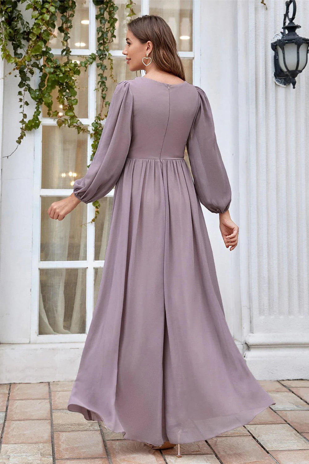 Refined Dusty Mauve Chiffon A-Line V-Neck Long Sleeve Beaded Waist Maxi Mother of the Bride Dresses