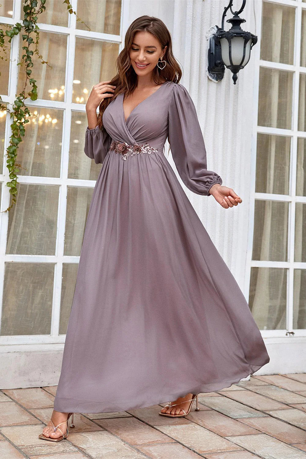 Refined Dusty Mauve Chiffon A-Line V-Neck Long Sleeve Beaded Waist Maxi Mother of the Bride Dresses