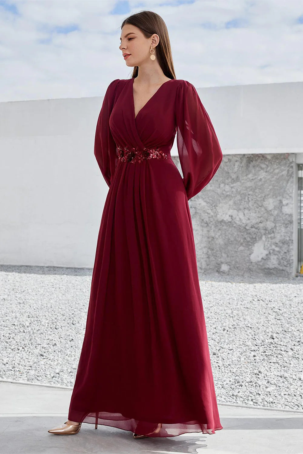 Refined Dusty Mauve Chiffon A-Line V-Neck Long Sleeve Beaded Waist Maxi Mother of the Bride Dresses